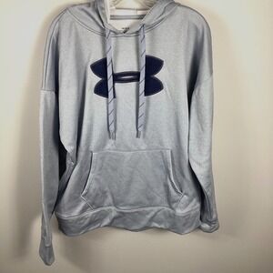 Under  Armour  Women's Size L Blue Gray Logo Fleece Pullover Hoodie Front Pocket